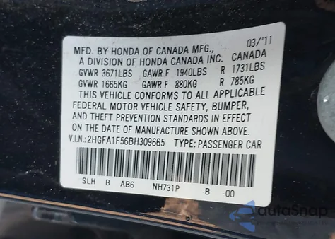 2011 Honda Civic Lx z USA, uszkodzony, nr VIN 2HGFA1F56BH309665